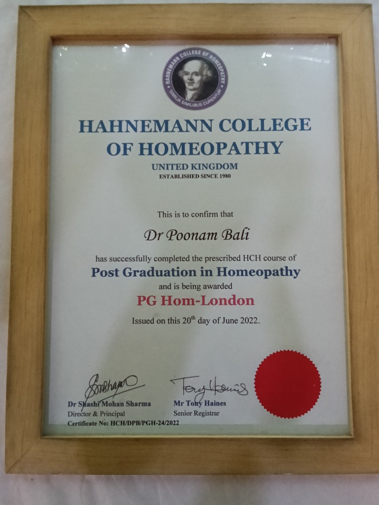 Certificate - PG Hom-London, Hahnemann College of Homeopathy UK
