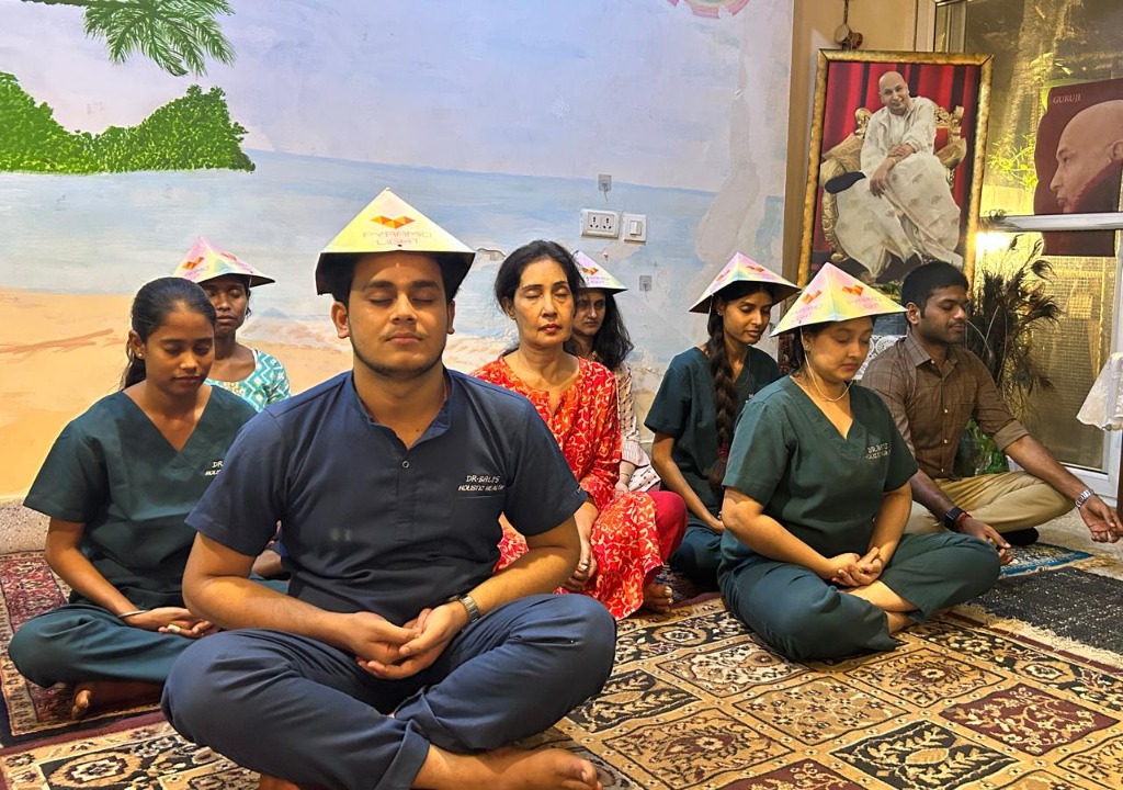 Doctor-guided pyramid meditation session at Dr. Bali's Bliss in Hauz Khas